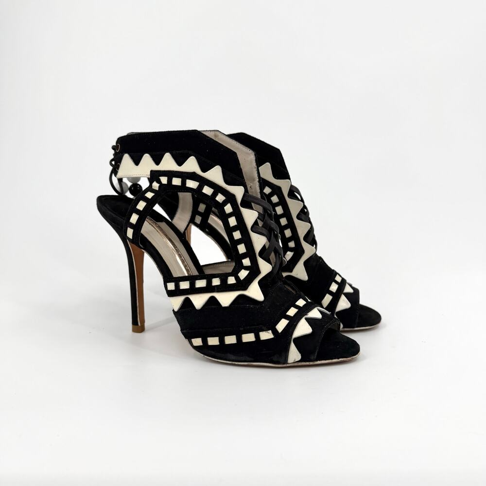 Sophia Webster Black White Genuine Suede Riko Lace Up Stiletto Sandals
